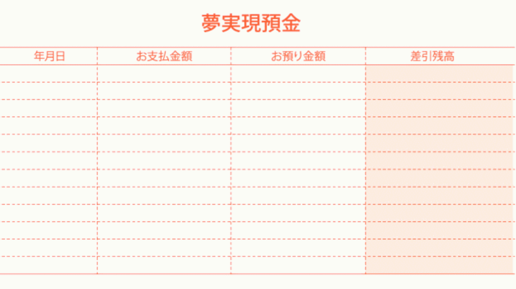 夢実現預金通帳の中身（記入部分）のイメージ画像